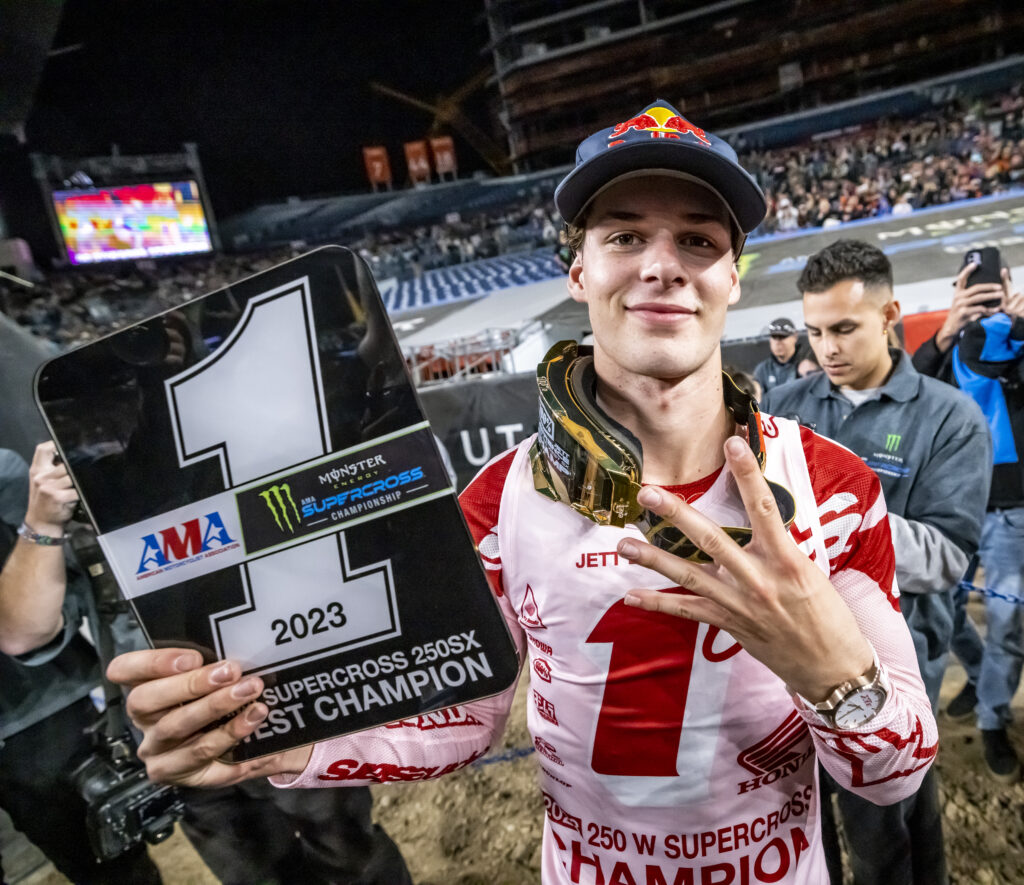 Jett Lawrence with his #1 plate at the 2023 Denver SX. Photo: Garth Milan
