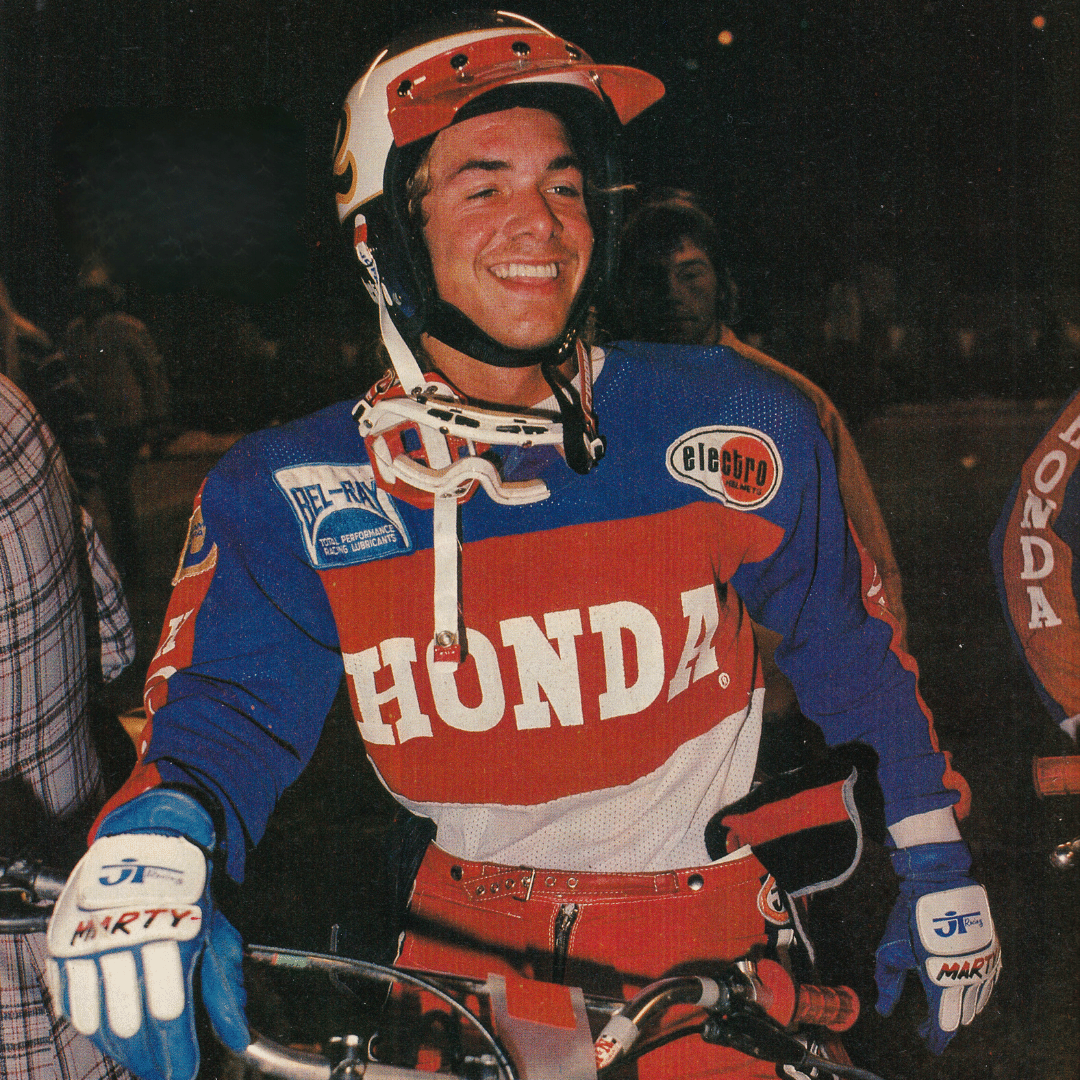 Marty Smith smiling after winning the 1976 "American Motocross Finals" in Anaheim.