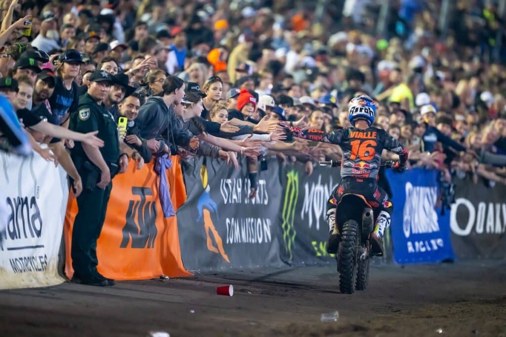 Tom Vialle celebrates after winning the 2024 Daytona Supercross in 250SX East. Photo: Align Media