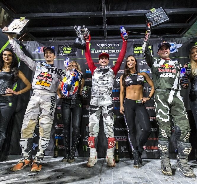 Ken Roczen at the 2017 San Diego Supercross,  his second consecutive win to start the season. Photo: Garth Milan 