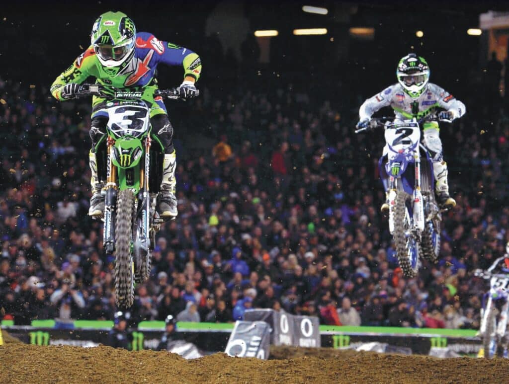 Eli Tomac leading Cooper Webb at the very first Triple Crown, Anaheim 2, 2018. Cycle News Archives