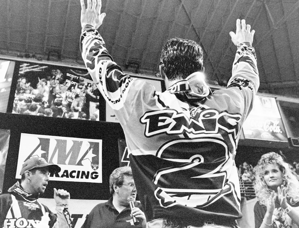Jeff Emig is stoked after winning the 1996 St. Louis Supercross. Kinney Jones Photo