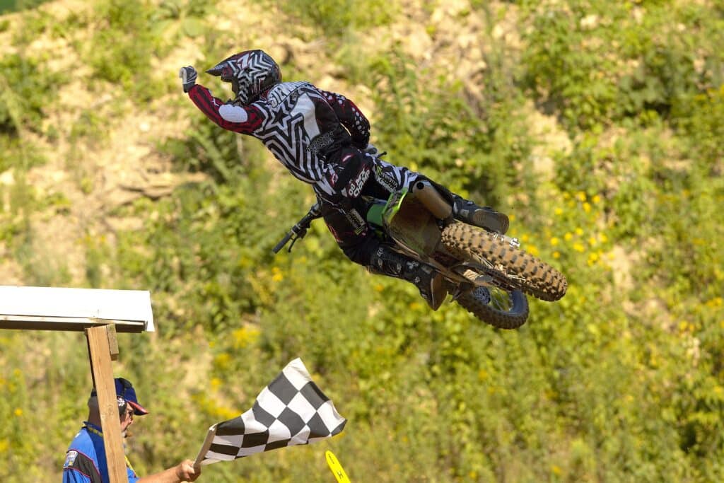 James Stewart celebrates 20-0 at Spring Creek Raceway. He won the second moto by 70 seconds (and without goggles). Photo: Jeff Kardas