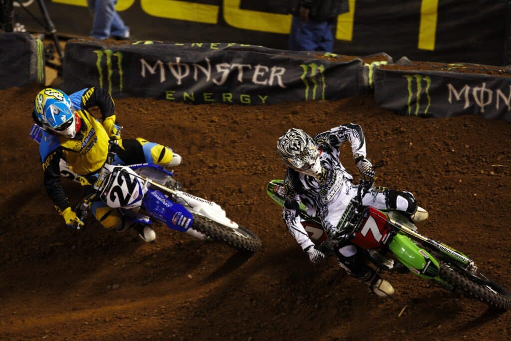 In sync: Chad Reed (#22) and James Stewart battle at the 2008 Phoenix Supercross. Photo: Frank Hoppen