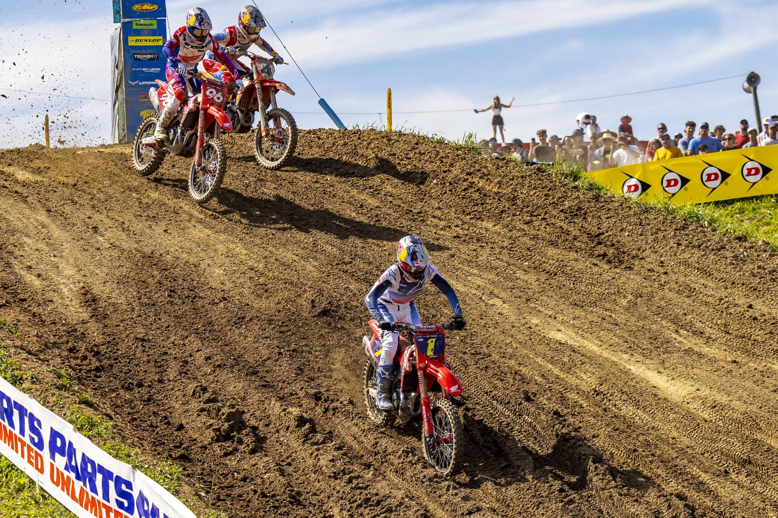 Jett Lawrence withstood pressure from both Chase Sexton and Hunter Lawrence at the 2024 High Point Pro Motocross. Photo: Garth Milan