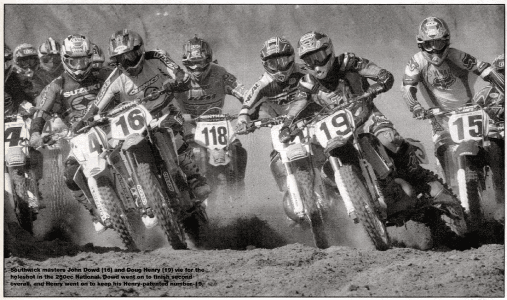 Cycle News image. First turn of the 250 class. John Dowd and Dough Henry out front.