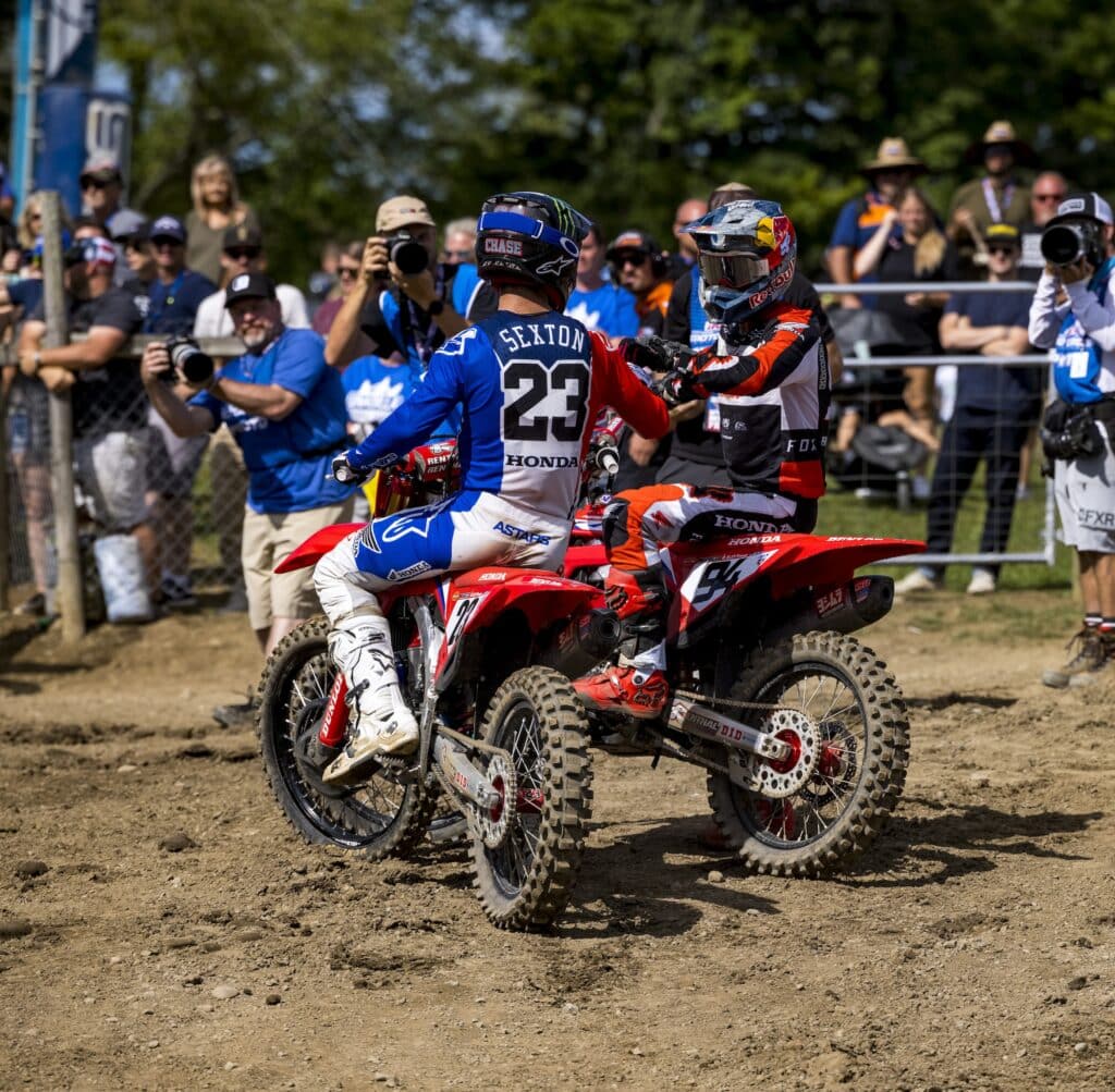 Ken Roczen congratulating his teammate, Chase Sexton after winning the 2021 Unadilla Pro Motocross. Photo: Garth Milan