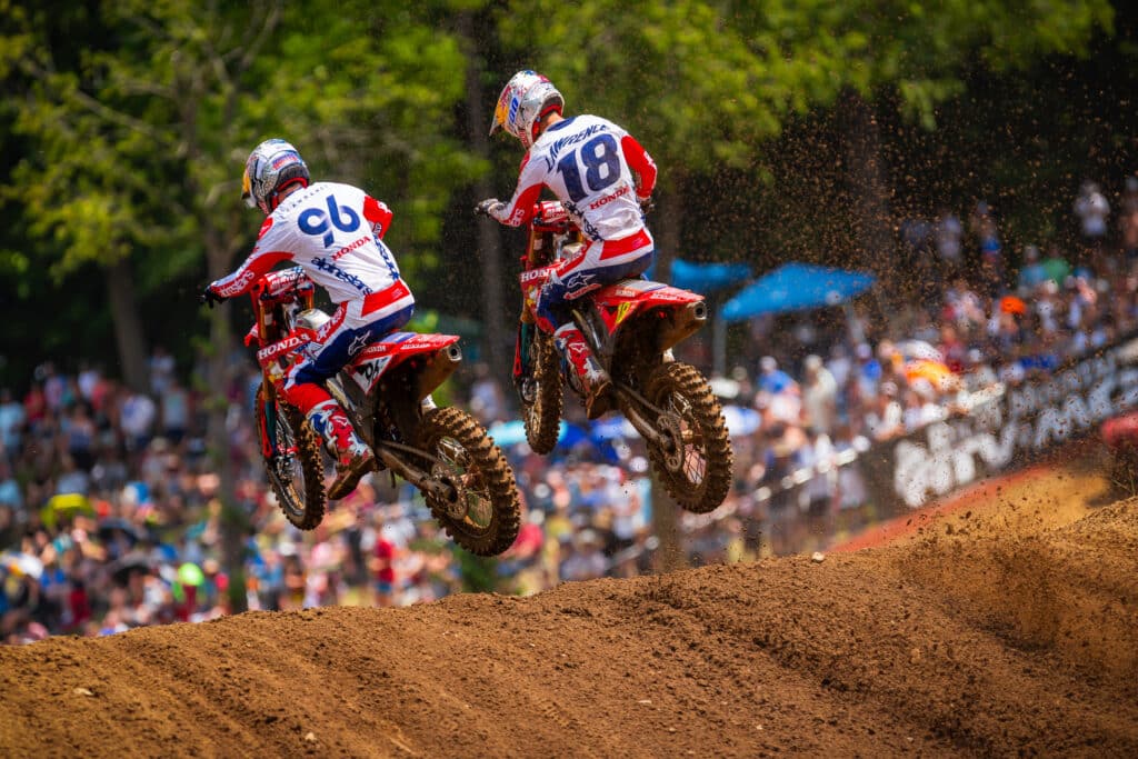 Jett Lawrence and Hunter Lawrence were thisclose at the 2025 RedBud National. Photo: Garth Milan